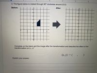 2 1| . 3 |. 4 ..
3. The figure below is rotated through 90° clockwise around (0,0):
Before:
After:
Complete on the blank grid the image after the transformation and describe the effect of the
transformation on (x, y):
(x, y) → (, )
Explain your answer:
