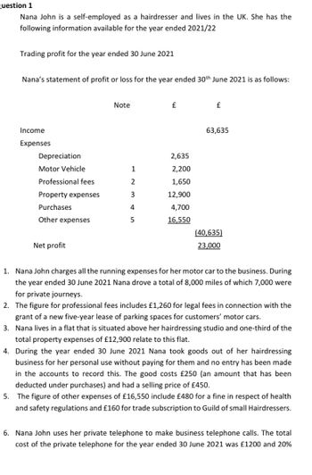 Question 1
Nana John is a self-employed as a hairdresser and lives in the UK. She has the
following information available for the year ended 2021/22
Trading profit for the year ended 30 June 2021
Nana's statement of profit or loss for the year ended 30th June 2021 is as follows:
Income
Expenses
Depreciation
Motor Vehicle
Professional fees
Property expenses
Purchases
Other expenses
Net profit
Note
1
2
3
4
5
£
2,635
2,200
1,650
12,900
4,700
16,550
£
63,635
(40,635)
23,000
1. Nana John charges all the running expenses for her motor car to the business. During
the year ended 30 June 2021 Nana drove a total of 8,000 miles of which 7,000 were
for private journeys.
2. The figure for professional fees includes £1,260 for legal fees in connection with the
grant of a new five-year lease of parking spaces for customers' motor cars.
3. Nana lives in a flat that is situated above her hairdressing studio and one-third of the
total property expenses of £12,900 relate to this flat.
4. During the year ended 30 June 2021 Nana took goods out of her hairdressing
business for her personal use without paying for them and no entry has been made
in the accounts to record this. The good costs £250 (an amount that has been
deducted under purchases) and had a selling price of £450.
5. The figure of other expenses of £16,550 include £480 for a fine in respect of health
and safety regulations and £160 for trade subscription to Guild of small Hairdressers.
6. Nana John uses her private telephone to make business telephone calls. The total
cost of the private telephone for the year ended 30 June 2021 was £1200 and 20%