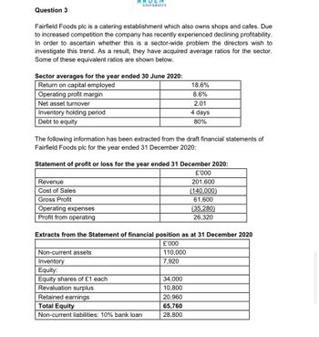 Question 3
Fairfield Foods plc is a catering establishment which also owns shops and cafes. Due
to increased competition the company has recently experienced declining profitability.
In order to ascertain whether this is a sector-wide problem the directors wish to
investigate this trend. As a result, they have acquired average ratios for the sector.
Some of these equivalent ratios are shown below.
ARDE
UNIVERSITY
Sector averages for the year ended 30 June 2020:
Return on capital employed
Operating profit margin
Net asset turnover
Inventory holding period
Debt to equity
The following information has been extracted from the draft financial statements of
Fairfield Foods plc for the year ended 31 December 2020:
Revenue
Cost of Sales
Gross Profit
Statement of profit or loss for the year ended 31 December 2020:
£'000
201,600
(140,000)
61,600
(35,280)
26,320
Operating expenses
Profit from operating
18.6%
8.6%
2.01
4 days
80%
Extracts from the Statement of financial position as at 31 December 2020
£'000
110,000
7,920
Non-current assets
Inventory
Equity:
Equity shares of £1 each
Revaluation surplus
Retained earnings
Total Equity
Non-current liabilities: 10% bank loan
34,000
10,800
20,960
65,760
28,800