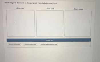 Match the given statements to the appropriate type of plastic money card.
Debit card
needs to be reloaded
functions like a check
Credit card
Answer Bank
functions as a preapproved loan
Smart money