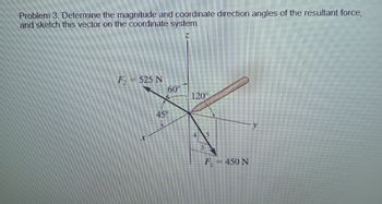 Problem 3. Determine the magnitude and coordinate direction angles of the resultant force,
and sketch this vector on the coordinate system.
F = 525 N
60°
45°
120
S
F₁ = 450 N