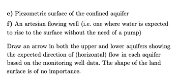 ### Educational Text

**e) Piezometric surface of the confined aquifer**

**f) An artesian flowing well (i.e. one where water is expected to rise to the surface without the need of a pump)**

Draw an arrow in both the upper and lower aquifers showing the expected direction of (horizontal) flow in each aquifer based on the monitoring well data. The shape of the land surface is of no importance.

---

**Explanation of Concepts:**

- **Piezometric Surface**: This refers to the level to which water will naturally rise within a well in a confined aquifer due to the pressure in the aquifer.

- **Artesian Flowing Well**: This is a type of well where the pressure in the aquifer is sufficient to push water to the surface without artificial lifting.

In the context of this text, students or readers are expected to visualize or draw the direction of water flow based on data, which helps in understanding the natural movement of groundwater in aquifers.