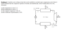 Problem 3: Consider an air-cooling system that can be modeled as an ideal vapor compression cycle where it
can be assumed that the compressor operates reversibly and adiabatically. If the working fluid is R-134a,
determine:
(A)the temperature at state 2, T2
(B) the temperature at state 4, T4
(C) the required compressor work, wc
(D) the coefficient of performance, COP1
P= 1400 kPa
X3 = 0
3
2
m = 0.5 kg/s
P; = 200 kPa
X1 = 1
