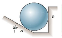 The 50 kg homogeneous smooth sphere rests on the 30^circ incline A and  bears against the smooth vertical wall B. Calculate the contact forces A  and B.