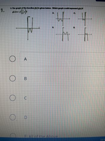 1.
3. The graph of the function (x) b given below. Which graph could represent g(x)
8(x)=√(1-x)
O
O
O
A
+11
f
O
A
B
C
D
F: All of the Above
C.
11:1