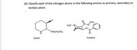 (d) Classify each of the nitrogen atoms in the following amines as primary, secondary or
tertiary atom.
CH3
H3C-N.
CH2CH2CH3
Coniic
Cocaine
