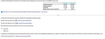 Consider the following EOY cash flows for two mutually exclusive alternatives (one must be chosen). The MARR is 6% per year.
Capital investment
Annual expenses
Lead Acid
$5,000
$2,250
Lithium lon
$15,000
$2,500
12 years
Market value at end of useful life
$0
18 years
$2,800
Useful life
Click the icon to view the interest and annuity table for discrete compounding when i = 6% per year.
a. Determine which alternative should be selected if the repeatability assumption applies.
The AW of the Lead Acid is $ -2847. (Round to the nearest dollar.)
The AW of the Lithium Ion is $ - 3795. (Round to the nearest dollar.)
Which alternative should be selected? Choose the correct answer below.
Lead Acid
Lithium Ion
b. Determine which alternative should be selected if the analysis period is 18 years, the repeatability assumption does not apply, and a battery system can be leased for $7,000 per year after the useful life of either battery is over.
The PW of the Lead Acid is $ (Round to the nearest hundreds.)