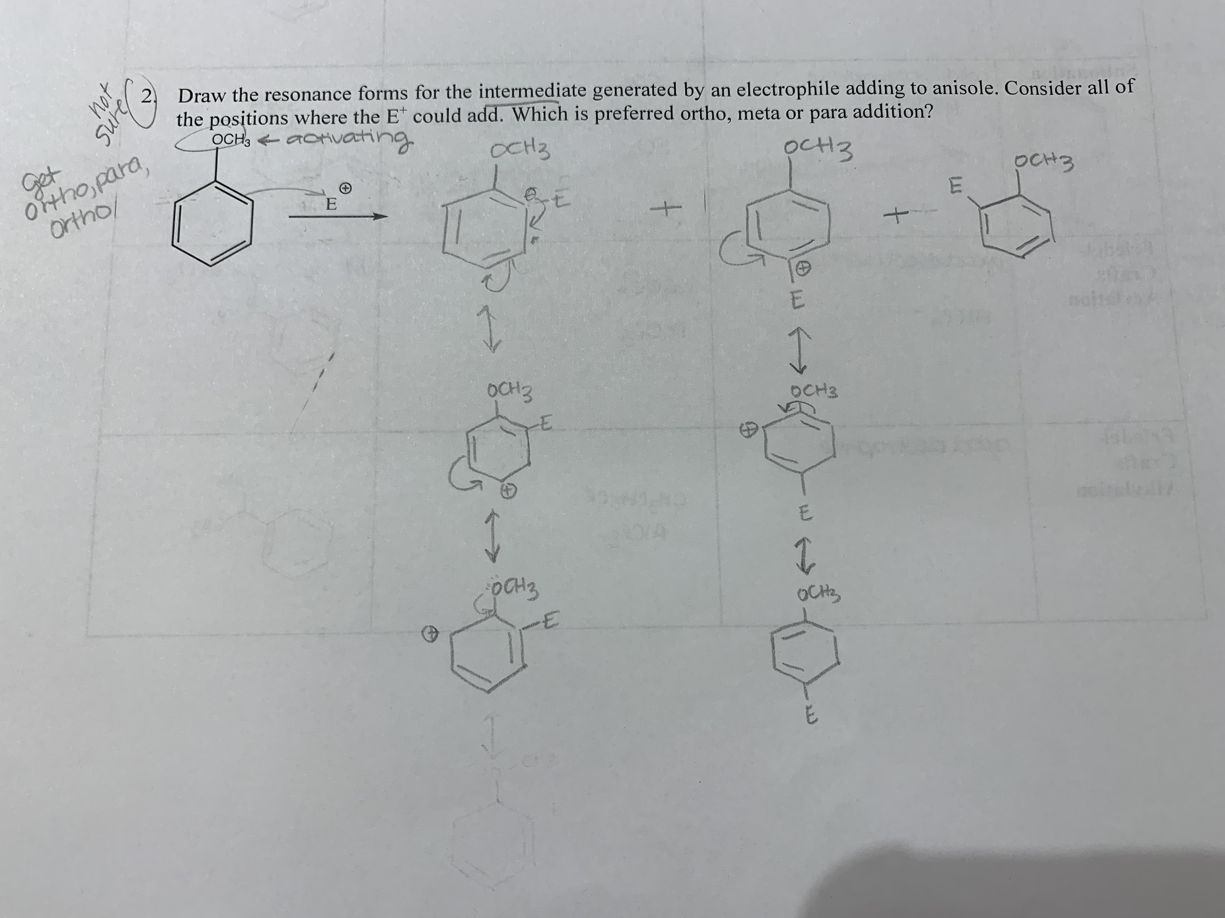 hot
Sure
రఇ 3
(T
+
2
Draw the resonance forms for the intermediate generated by an electrophile adding to anisole. Consider all of
the positions where the E could add. Which is preferred ortho, meta or para addition?
OCHs aoHvachng
Oftho para,
Ortho/
Get
OCH3
OcH3
E
OCH3
E
1
E
OCH3
E
OCH3
E
E
oCHt
