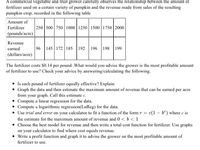 A commercial vegetable and fruit grower carefully observes the relationship between the amount of
fertilizer used on a certain variety of pumpkin and the revenue made from sales of the resulting
pumpkin crop, recorded in the following table
Amount of
Fertilizer
|250 500 750 1000 1250 1500 1750 2000
(pounds/acre)
---
Revenue
earned
96 145 172 185 192 196 198
199
(dollars/acre)
The fertilizer costs $0.14 per pound. What would you advise the grower is the most profitable amount
of fertilizer to use? Check your advice by answering/calculating the following.
• Is cach pound of fertilizer equally effective? Explain.
• Graph the data and then estimate the maximum amount of revenue that can be earned per acre
from your graph. Call this estimate c.
• Compute a linear regression for the data.
• Compute a logarithmic regression(LnReg) for the data.
• Use trial and error on your calculator to fit a function of the form r = c(1 – b") where c is
the estimate for the maximum amount of revenue and 0 < b < 1
• Choose the best model for revenue and then write a total cost function for fertilizer. Use graphs
on your calculator to find where cost equals revenue.
• Write a profit function and graph it to advise the grower on the most profitable amount of
fertilizer to use.
