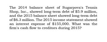 The 2014 balance sheet of Sugarpova's Tennis
Shop, Inc., showed long-term debt of $5.9 million,
and the 2015 balance sheet showed long-term debt
of $6.3 million. The 2015 income statement showed
an interest expense of $155,000. What was the
firm's cash flow to creditors during 2015?