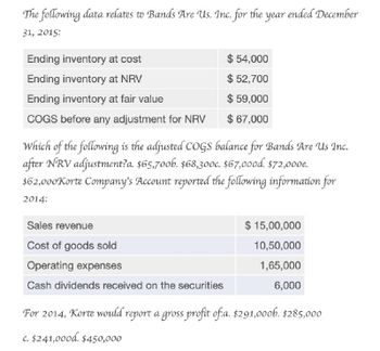 The following data relates to Bands Are Us. Inc. for the year ended December
31, 2015:
Ending inventory at cost
Ending inventory at NRV
$ 54,000
$ 52,700
$ 59,000
COGS before any adjustment for NRV
$ 67,000
Ending inventory at fair value
Which of the following is the adjusted COGS balance for Bands Are Us Inc.
after NRV adjustment?a. $65,700b. $68,300c. $67,000d. $72,000e.
$62,000Korte Company's Account reported the following information for
2014:
Sales revenue
Cost of goods sold
Operating expenses
Cash dividends received on the securities
$ 15,00,000
10,50,000
1,65,000
6,000
For 2014, Korte would report a gross profit of.a. $291,000b. $285,000
c. $241,000d. $450,000