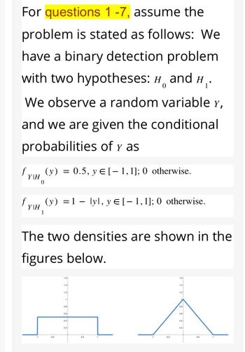 For questions 1-7, assume the
problem is stated as follows: We
have a binary detection problem
with two hypotheses: H and H
We observe a random variable y,
0
and we are given the conditional
probabilities of y as
Y|H
f.
Y|H
1
(y) = 0.5, y = [1,1]; 0 otherwise.
(y) = 1 lyl, y = [1,1]; 0 otherwise.
-0.5
The two densities are shown in the
figures below.
16
14
12
1
OB
0.6
0.4
-
0.2
05
45
12
08
06
04
1°
02)
05