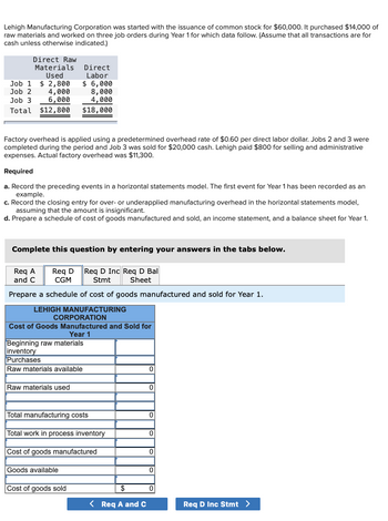 **Lehigh Manufacturing Corporation Case Study**

Lehigh Manufacturing Corporation began operations with the issuance of common stock for $60,000. It purchased raw materials costing $14,000 and worked on three jobs during Year 1. 

**Direct Costs:**

- **Job 1**: 
  - Raw Materials Used: $2,800
  - Direct Labor: $6,000

- **Job 2**: 
  - Raw Materials Used: $4,000
  - Direct Labor: $8,000

- **Job 3**: 
  - Raw Materials Used: $6,000
  - Direct Labor: $4,000

**Total:**
- Raw Materials Used: $12,800
- Direct Labor: $18,000

Factory overhead is applied using a predetermined overhead rate of $0.60 per direct labor dollar. Jobs 2 and 3 were completed, and Job 3 was sold for $20,000 in cash. Lehigh incurred $800 in selling and administrative expenses. Actual factory overhead was $11,300.

**Required Tasks:**

- **Task a**: Record events in a horizontal statements model. An example of Year 1's first event is provided.
- **Task b**: Record closing entry for over- or underapplied manufacturing overhead, assuming it's insignificant.
- **Task c**: Prepare a schedule of the cost of goods manufactured and sold, an income statement, and a balance sheet for Year 1.

---

**Schedule of Cost of Goods Manufactured and Sold for Year 1:**

- **Beginning raw materials inventory**
- **Purchases**
- **Raw materials available**
- **Raw materials used**
- **Total manufacturing costs**
- **Total work in process inventory**
- **Cost of goods manufactured**
- **Goods available**
- **Cost of goods sold**

Note: The fields for amounts are placeholders (set to zero initially).

This exercise guides students through applying basic accounting concepts in manufacturing, including cost accounting and financial statement preparation.