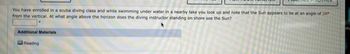 You have enrolled in a scuba diving class and while swimming under water in a nearby lake you look up and note that the Sun appears to be at an angle of 24
from the vertical. At what angle above the horizon does the diving instructor standing on shore see the Sun?
Additional Materials
Reading