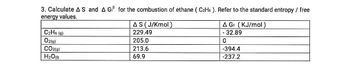 3. Calculate AS and A Gº for the combustion of ethane (C2H6 ). Refer to the standard entropy / free
energy values.
C₂H6 (g)
O2(g)
CO2(g)
H₂O(1)
AS (J/Kmol)
229.49
205.0
213.6
69.9
A Gr (KJ/mol )
- 32.89
0
-394.4
-237.2