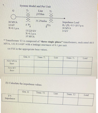 7.
System Model and Per Unit
T1
Line
T2
BE
31.25miles 3
Impedance Load
R1+jXL-0.1+j0.5 p.u.
30 MVA
30 MVA
13 kV
X-0.1 p.u.
14 kV
13/220 kV
X-0.2 p.u.
35 MVA
* Transformer T2 is composed of "three single-phase" transformers, each rated 40/3
MVA, 132.8:14 kV with a leakage reactance of 0.1 per unit.
(a) Fill in the appropriate base values.
Gen. G
Trans. Ti
Line
Trans. T:
Load
New MVA
Base
New KV
Base
(b) Calculate the impedance values.
Gen G
Trans. T1
Line
Trans. T2
Load
p.u.
Impedance
