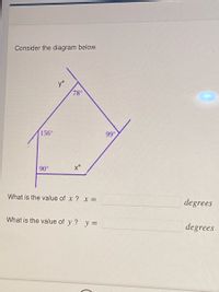 Consider the diagram below.
y°
78°
156°
99
90°
x°
What is the value of x ? x =
degrees
What is the value of y ? y =
degrees
