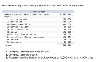 Tempo Company's fixed budget (based on sales of 12,000 units) folllows.
Fixed Budget
Sales (12,000 units × $214 per unit)
Costs
Direct materials
Direct labor
Indirect materials
Supervisor salary
Sales commissions
Shipping
Administrative salaries
Depreciation-Office equipment
Insurance
Office rent
Income
2,568,000
288,000
528,000
336,000
88,000
84,000
192,000
138,000
108,000
78,000
88,000
640,000
1. Compute total variable cost per unit.
2. Compute total fixed costs.
3. Prepare a flexible budget at activity levels of 10,000 units and 14,000 units.