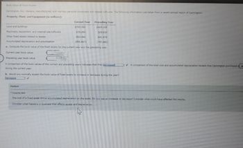 Book Value of Fixed Assets
Cannington, Inc., designs, manufactures, and markets personal computers and related software. The following information was taken from a recent annual report of Cannington:
Property, Plant, and Equipment (in millions):
Current Year Preceding Year
Land and buildings
$705,360
$409,109
Machinery, equipment, and internal-use software
670,092
529,020
Other fixed assets related to leases
853,486
641,878
Accumulated depreciation and amortization
(895,807)
(747.682)
a. Compute the book value of the fixed assets for the current year and the preceding year.
Current year book value
Preceding year book value
A comparison of the book values of the current and preceding years indicates that they increased
during the current year.
b. Would you normally expect the book value of fixed assets to increase or decrease during the year?
Increase
Feedback
✓. A comparison of the total cost and accumulated depreciation reveals that Cannington purchased
Check My Work
The cost of a fixed asset minus accumulated depreciation on the asset. Do you see an increase or decrease? Consider what could have affected the results.
Consider what happens in business that affects assets and depreciation.
4
6