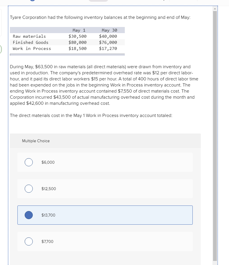 Tyare Corporation had the following inventory balances at the beginning and end of May:
May 1
$30,500
$80,000
$18,500
May 30
$40,000
$76,000
$17,270
Raw materials
Finished Goods
Work in Process
During May, $63,500 in raw materials (all direct materials) were drawn from inventory and
used in production. The company's predetermined overhead rate was $12 per direct labor-
hour, and it paid its direct labor workers $15 per hour. A total of 400 hours of direct labor time
had been expended on the jobs in the beginning Work in Process inventory account. The
ending Work in Process inventory account contained $7,550 of direct materials cost. The
Corporation incurred $43,500 of actual manufacturing overhead cost during the month and
applied $42,600 in manufacturing overhead cost.
The direct materials cost in the May 1 Work in Process inventory account totaled:
Multiple Choice
O $6,000
$12,500
$13,700
O $7,700
