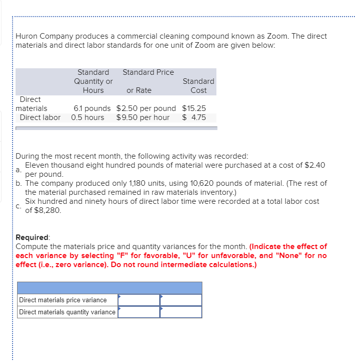 Huron Company produces a commercial cleaning compound known as Zoom. The direct
materials and direct labor standards for one unit of Zoom are given below:
Standard
Standard Price
Standard
Quantity or
Hours
or Rate
Cost
Direct
6.1 pounds $2.50 per pound $15.25
$9.50 per hour
materials
Direct labor 0.5 hours
$ 4.75
During the most recent month, the following activity was recorded:
Eleven thousand eight hundred pounds of material were purchased at a cost of $2.40
a.
per pound.
b. The company produced only 1,180 units, using 10,620 pounds of material. (The rest of
the material purchased remained in raw materials inventory.)
Six hundred and ninety hours of direct labor time were recorded at a total labor cost
of $8,280.
Required:
Compute the materials price and quantity variances for the month. (Indicate the effect of
each variance by selecting "F" for favorable, "U" for unfavorable, and "None" for no
effect (i.e., zero variance). Do not round intermediate calculations.)
Direct materials price variance
Direct materials quantity variance
