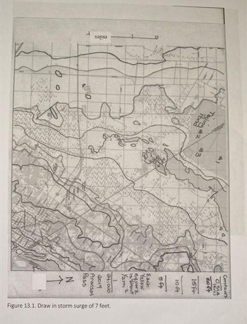 O
miles
Los
00
1729 #2
-0
#3
O
Contours
O, SEA
level
20ft
15ft
10 ft
5ft
Each
Yellow
Squart
is hout
Yami 2
1
24,000
2019
Aransas
Pass
N个
Figure 13.1. Draw in storm surge of 7 feet.