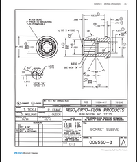 Unit 15 Detail Drawings
317
1.530
ø.906 BORE
PRIOR TO BROACHING
IS PERMISSIBLE
.362O
.212 0
.093
150
9.5750
752
90° X Ф1.063
15"
(01.50)
(13
.885
.880
НЕХ
e38 #1.020
ø1.325
.245
32
BLEND
R032
015
SEE VIEW "A"
20
60
.094
966
956
0.812
VIEW "A"
SCALE: 2:1
1.740O
01 1/2 RD BRASS ROD
RED
11550-417
701240
A)-CHANGES (1-GAGES
MATERIAL DESCRIPTION
COLOR CODE
SPECIFICATION
NUMBER
DRAWN
ENGINEER
T. TICKLE
P. KEANE
REGO, CRYO-FLOW PRODUCTS
CHECKED
APPROVED
D. WILLIAMS
J. OLSEN
BURLINGTON, N.C. 27215
PLOT GENERATED:
05/10
ORIGINAL DATE
09/28
UNLESS
OTHERWISE SPECIFIED:
THIS DRAWING IS ECII PROPRIETARY INFORMATION
ALL RIGHTS OF DESIGN OR INVENTION ARE RESERVED
REVISIONS
* .015
+ .02
+ .005
TITLE:
2 PL DEC.
3 PL DEC.
4 PL DEC. 1.0005
ANGLES
REV & MF
A195, 04/15
AREV & REDRAWN
BONNET SLEEVE
CONCENTRICITY .010 FIM
FINISH 125 MAX
REMOVE BURRS, BREAK
SHARP EDGES R.015 MAX
INTERPRET DIMENSIONS & DRAWING NO.
TOLERANCES LAW
ASME Y14.5M-1994
DWG SIZE
009550-3
A
SCALE
(1:1)
Print supplied by Rego Cryo-Flow Products.
PR 15-1. Bonnet Sleeve
