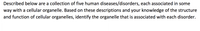 Described below are a collection of five human diseases/disorders, each associated in some
way with a cellular organelle. Based on these descriptions and your knowledge of the structure
and function of cellular organelles, identify the organelle that is associated with each disorder.
