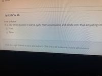 Faise
QUESTION 50
True or False:
In E. coli, When glucose is scarce, cyclic AMP accumulates and binds CRP, thus activating CR
True
False
Click Save and Submit to save and submit. Click Save All Answers to save all answers.
