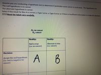 Assume you are conducting a hypothesis test to determine if pesticides cause cancer in rural areas. The hypotheses are:
The null hypothesis is no cancer.
The alternate hypothesis is cancer.
Select if the result for Box A is correct, a Type I error, a Type II error or if there is insufficient information to make the decision.
*****Read the labels very carefully.
Ho:no cancer
На: сапcer
Reality:
Reality:
Null is true
Alternate is true
(i.e. no cancer)
(i.e. cancer)
Decision:
Accept the null hypothesis
(i.e. test is negative for
cancer)
A B
