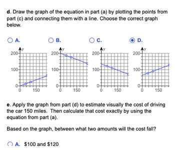 d. Draw the graph of the equation in part (a) by plotting the points from
part (c) and connecting them with a line. Choose the correct graph
below.
O A.
200+
100-
0
0
y
150
O B.
Ау
200-
100-
A. $100 and $120
0
150
O C.
Ay
200+
100-
0-
0
150
D.
My
200-
100-
0
150
e. Apply the graph from part (d) to estimate visually the cost of driving
the car 150 miles. Then calculate that cost exactly by using the
equation from part (a).
Based on the graph, between what two amounts will the cost fall?
+4