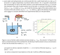 2. pure water and salt granules are continuously fed into a well-mixed tank at a rate qw(t)
[L/s] and w(t) [g/s], respectively, to produce saline solution. let c(t) [g salt/L solution] be
the concentration of salt in the saline solution in the well-mixed tank and qout (t) [L/s] be
the volumetric flow rate of saline solution out of the tank. in contrast to the lecture notes,
here qw + gout. to relate qw to qout, we model the density p [g/L] of the saline solution as a
function of the salt content, via p(c) = Pw+ac where pw [g/L] is the density of pure water
and a [g/g] is a constant identified from experimental data as in the plot below.
Salt solids
W gls
water
saline water density
conveyor
model
qw LIs
1200
experinental data
1150
1100
saline solution
p=ptc)=Dpw+ ac-
a = 0.64 g solution/g salt
1050
Jout LIs
C g/L
1000
0.0
0.1
0.2
0.3
salt concentration, c [g salt/L solution]
(a)
(b)
Figure 2: (a) our familiar saline solution process except qw # qout. the volume V of liquid in the
tank is constant because of the overflow line. (b) density of saline solution versus concentration
of salt. the line shows the model p(c) = Pw + ac.
c(t) in terms of the two inputs qw = qw(t)
your goal is to derive a dynamic model for c =
and w = w(t).
(a) write a component mass balance on the salt. it will be a differential equation.
density of solution, p
[g solution/L solution]
