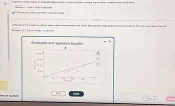 K
A regression of total revenue on ticket sales determined by a concert production company is given below. Complete parts a and b below.
Revenue -4,306+29.96. Ticket Sales
Click the icon to view a plot of the concert venue data.
a) Management is considering adding a stadium-style venue that would seat 10,000. What does this model predict that revenue would be if the new venue were to sell out?
Revenue = $(Type an integer or a decimal.)
iew an example
Scatterplot and regression equation
Revenue
A
160,000-
120,000
80,000-
40,000
0-
0
750
1500
Print
2250
Ticket Sales
Done
CEED
3000
- X
Clear all
Check