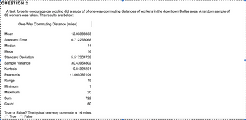 QUESTION 2
A task force to encourage car pooling did a study of of one-way commuting distances of workers in the downtown Dallas area. A random sample of
60 workers was taken. The results are below:
One-Way Commuting Distance (miles)
Mean
Standard Error
Median
Mode
Standard Deviation
Sample Variance
Kurtosis
Pearson's
Range
Minimum
Maximum
Sum
Count
12.03333333
0.712268068
14
16
5.517204729
30.43954802
-0.84324231
-1.069382104
19
1
20
722
60
True or False? The typical one-way commute is 14 miles.
True
False