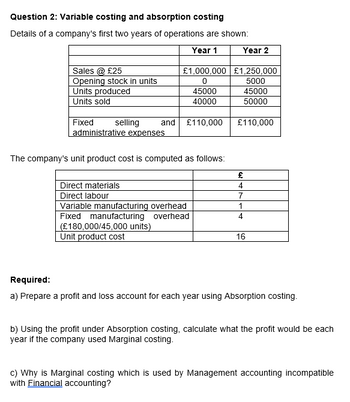 Answered: Question 2: Variable Costing And… | Bartleby