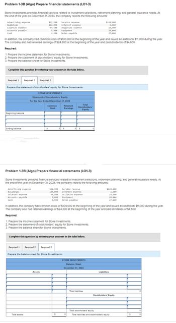 Problem 1-3B (Algo) Prepare financial statements (LO1-3)
Stone Investments provides financial services related to Investment selections, retirement planning, and general Insurance needs. At
the end of the year on December 31, 2024, the company reports the following amounts:
Advertising expense
Buildings
Salaries expense
Accounts payable
Cash
In addition, the company had common stock of $100,000 at the beginning of the year and issued an additional $11,000 during the year.
The company also had retained earnings of $24,300 at the beginning of the year and paid dividends of $4,600.
Required:
1. Prepare the Income statement for Stone Investments.
2. Prepare the statement of stockholders' equity for Stone Investments.
3. Prepare the balance sheet for Stone Investments.
Required 1
Complete this question by entering your answers in the tabs below.
Beginning balance
Ending balance
Prepare the statement of stockholders' equity for Stone Investments.
STONE INVESTMENTS
Statement of Stockholders' Equity
For the Year Ended December 31, 2024
$32,900
144,000
64,500
5,800
4,900
Required 2 Required 3
Advertising expense
Buildings.
Salaries expense
Accounts payable
Cash
Required 1
Service revenue
Interest expense
Utilities expense
Equipment
Notes payable
Common
Stock
$
Total assets
Assets
Problem 1-3B (Algo) Prepare financial statements (LO1-3)
Stone Investments provides financial services related to Investment selections, retirement planning, and general Insurance needs. At
the end of the year on December 31, 2024, the company reports the following amounts:
Retained
Earnings
0 S
Required 2 Required 3
$32,900
Service revenue
Interest expense
144,000
64,500 Utilities expense
Equipment
Required:
1. Prepare the Income statement for Stone Investments.
2. Prepare the statement of stockholders' equity for Stone Investments.
3. Prepare the balance sheet for Stone Investments.
5,800
4,900 Notes payable
Complete this question by entering your answers in the tabs below.
Prepare the balance sheet for Stone Investments.
Total
Stockholders'
Equity
0 S
In addition, the company had common stock of $100,000 at the beginning of the year and Issued an additional $11,000 during the year.
The company also had retained earnings of $24,300 at the beginning of the year and paid dividends of $4,600.
$
0
STONE INVESTMENTS
Balance Sheet
December 31, 2024
$124,600
2,900
14,900
24,000
27,000
0
Total liabilities
$124,600
2,900
14,900
24,000
27,000
Liabilities
Stockholders' Equity
Total stockholders' equity
Total liabilities and stockholders' equity
S
0
0