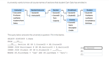 A university wants to know all course names of sections that student Cam Sato has enrolled in.
Instructor
•InstructorID
Section Instructor
• SectionID
Section
⚫SectionID
Enrollment
⚫ SectionID
Student
⚫ StudentID
FirstName
• InstructorID
LastName
AcademicRank
CourseID
Term
StudentID
Capacity
Salary
Course
•CourseID
FirstName
LastName
EmailAddress
BirthDate
Name
Description
The query below answers the university's question. Fill in the blanks.
SELECT DISTINCT C.Name
FROM ___ (A)___
(B) Section SE ON C.CourseID =SE.CourseID
INNER JOIN Enrollment E ON SE.SectionID = E. SectionID
INNER JOIN Student ST ON E.StudentID = _ (C)_____
WHERE ST. FirstName = 'Cam' AND ST. LastName = 'Sato';
Credits
(A) Ex: Keyword
1 @O