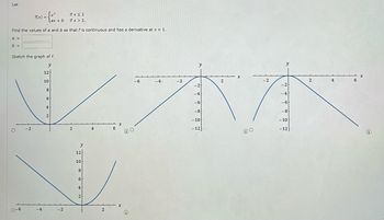 Let
if x ≤ 1
= { 2x²x² +6
lax + b
if x > 1.
Find the values of a and b so that f is continuous and has a derivative at x = 1.
a =
b =
Sketch the graph of f.
y
-4
-2
2
-2
VAN
-4
-6
-8
-10
-12
O
f(x) =
0-6
-2
y
-4
12
10
8
6
4
2
2
y
12
10
8
V
6
4
2
-2
4
2
Ⓡ
-6
-2
y
-2
-4
-6
-8
-10
-12
2