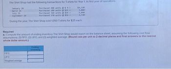 The Shirt Shop had the following transactions for T-shirts for Year 1, its first year of operations
January 20
$4,320
April 21
Purchased 480 units @ $9-
Purchased 280 units @ $11
Purchased 360 units @ $14
Purchased 170 units@ $16-
3,080
July 25
5,040
September 19
2,720
During the year, The Shirt Shop sold 1,050 T-shirts for $25 each.
Required
a. Compute the amount of ending inventory The Shirt Shop would report on the balance sheet, assuming the following cost flow
assumptions: (1) FIFO, (2) LIFO, and (3) weighted average (Round cost per unit to 2 decimal places and final answers to the nearest
whole dollar amount.)
FIFO
LIFO
Weighted average
Ending
Inventory