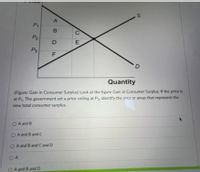 P1
C
P2
E
P3
Quantity
(Figure: Gain in Consumer Surplus) Look at the figure Gain in Consumer Surplus. If the price is
at P1. The government set a price ceiling at P3, identify the area or areas that represent the
new total consumer surplus.
O A and B
O A and B and C
O A and B and Cand D
OA
O A and B and D
AB
D.
