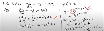 Eq) solve de la
ау
da
Aros.
=
у-аху
dy = y(1-4x)
Say = √(-4x) dx ✓
duly) = x-2x² +c
y(c) = e
²
y = € ex-2x ²6
x-2x²
= A é
using IC, y(a) = e
G
e= Aeº = A
=e
y=e'ex-2
x-2x²+1