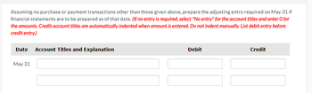 Assuming no purchase or payment transactions other than those given above, prepare the adjusting entry required on May 31 if
financial statements are to be prepared as of that date. (If no entry is required, select "No entry" for the account titles and enter O for
the amounts. Credit account titles are automatically indented when amount is entered. Do not indent manually. List debit entry before
credit entry.)
Date Account Titles and Explanation
May 31
Debit
Credit