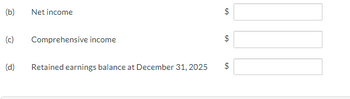 (b)
Net income
(c) Comprehensive income
(d)
Retained earnings balance at December 31, 2025
LA
GA
$
tA
$