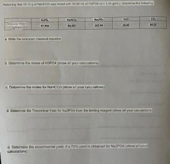 Assuming that 19.14 g of NaHCO3 was mixed with 10.00 mL of H3PO4 (d = 1.34 g/mL); determine the following:
H3PO4
NaHCO3
Na3PO4
H₂O
CO₂
Molecular Weight
(g/mol)
97.994
84.007
163.94
18.02
44.01
a. Write the balanced chemical equation
b. Determine the moles of H3PO4 (show all your calculations)
c. Determine the moles for NaHCO3 (show all your calculations)
saimtup constr golianA 8
nobsh
O 097
inbauben sb noise d
sinsbixo 91935->
d. Determine the Theoretical Yield for Na3PO4 from the limiting reagent (show all your calculations)
cobubong
otsubong l
09 On nousbixo ah onamon.)
e. Determine the experimental yield, if a 75% yield is obtained for Na3PO4 (show all your
calculations)