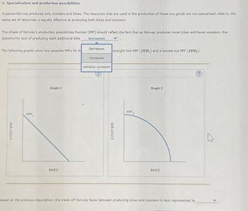 1. Specialization and production possibilities
Suppose Norway produces only scooters and bikes. The resources that are used in the production of these two goods are not specialized-that is, the
same set of resources is equally effective at producing both bikes and scooters.
The shape of Norway's production possibilities frontier (PPF) should reflect the fact that as Norway produces more bikes and fewer scooters, the
opportunity cost of producing each additional bike
increases
The following graphs show two possible PPFs for N
SCOOTERS
PPF
Graph 1
BIKES
decreases
increases
remains constant
straight-line PPF (PPF) and a bowed-out PPF (PPF)
SCOOTERS
PPF 2
Graph 2
BIKES
Based on the previous description, the trade-off Norway faces between producing bikes and scooters is best represented by
As