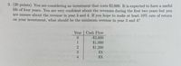 3. (20 points) You are considering an investment that costs $2,000. It is expected to have a useful
life of four years. You are very confident about the revenues during the first two years but you
are unsure about the revenue in year 3 and 4. If you hope to make at least 10% rate of return
on your investment, what should be the minimum revenue in year 3 and 4?
Year Cash Flow
-$2,000
$1,000
$1,200
$X
1
3.
4
$X
