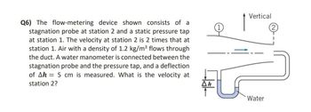 Q6) The flow-metering device shown consists of a
stagnation probe at station 2 and a static pressure tap
at station 1. The velocity at station 2 is 2 times that at
station 1. Air with a density of 1.2 kg/m³ flows through
the duct. A water manometer is connected between the
stagnation probe and the pressure tap, and a deflection
of Ah 5 cm is measured. What is the velocity at
station 2?
Δη
k
کو
Vertical
Water
2