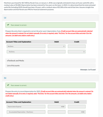 Machinery purchased for $67,400 by Novak Corp. on January 1, 2018, was originally estimated to have an 8-year useful life with a
residual value of $5,000. Depreciation has been entered for five years on this basis. In 2023, it is determined that the total estimated
useful life (including 2023) should have been 10 years, with a residual value of $5,500 at the end of that time. Assume straight-line
depreciation and that Novak uses IFRS for financial statement purposes.
(a)
Your answer is correct.
Prepare the entry that is required to correct the prior years' depreciation, if any. (Credit account titles are automatically indented
when the amount is entered. Do not indent manually. If no entry is required, select "No Entry" for the account titles and enter O for the
amounts. List debit entry before credit entry.)
Account Titles and Explanation
(b)
No Entry
No Entry
eTextbook and Media
List of Accounts
Your answer is correct.
Account Titles and Explanation
Depreciation Expense
Debit
Prepare the entry to record depreciation for 2023. (Credit account titles are automatically indented when the amount is entered. Do
not indent manually. If no entry is required, select "No Entry" for the account titles and enter O for the amounts. List debit entry before
credit entry.)
Accumulated Depreciation - Machinery
Debit
Credit
4580
Attempts: 1 of 3 used
Credit
4580