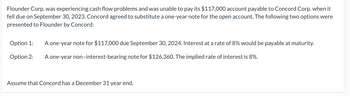 Flounder Corp. was experiencing cash flow problems and was unable to pay its $117,000 account payable to Concord Corp. when it
fell due on September 30, 2023. Concord agreed to substitute a one-year note for the open account. The following two options were
presented to Flounder by Concord:
Option 1:
Option 2:
A one-year note for $117,000 due September 30, 2024. Interest at a rate of 8% would be payable at maturity.
A one-year non-interest-bearing note for $126,360. The implied rate of interest is 8%.
Assume that Concord has a December 31 year end.