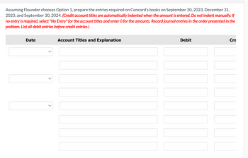 Assuming Flounder chooses Option 1, prepare the entries required on Concord's books on September 30, 2023, December 31,
2023, and September 30, 2024. (Credit account titles are automatically indented when the amount is entered. Do not indent manually. If
no entry is required, select "No Entry" for the account titles and enter O for the amounts. Record journal entries in the order presented in the
problem. List all debit entries before credit entries.)
Date
Account Titles and Explanation
Debit
TU
Cre